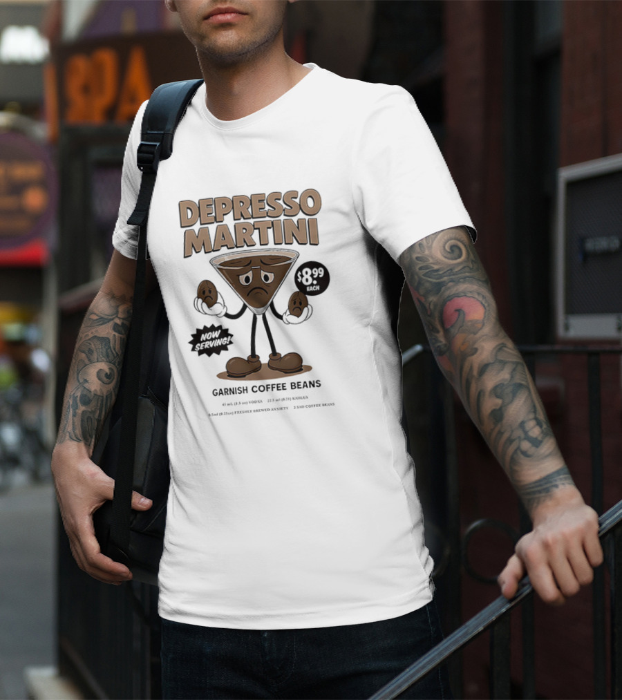 Depresso Martini Garnish Coffee Beans Cartoon Sad Face T-Shirt