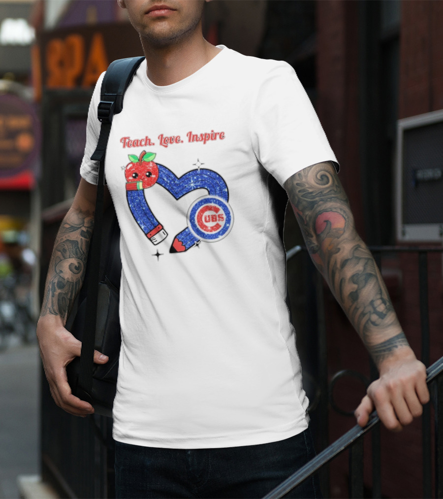 Chicago Cubs Teach Love Inspire Apple Pencil Heart T-Shirt