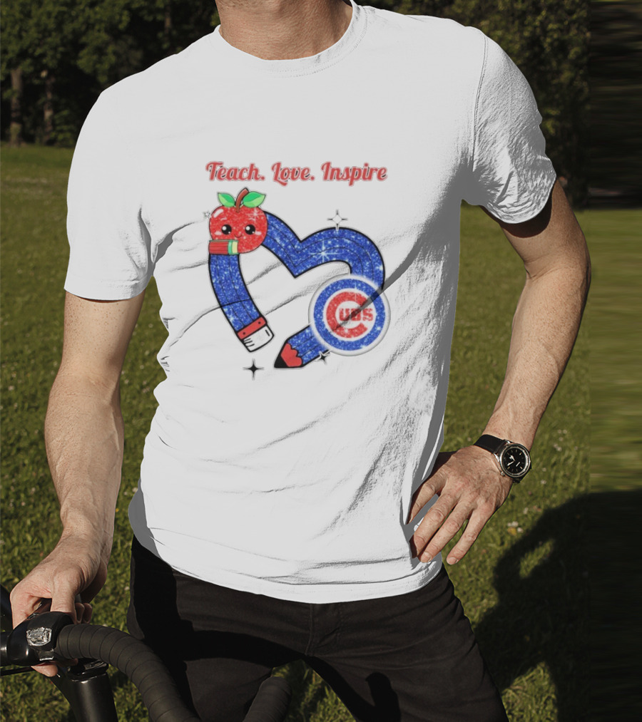 Chicago Cubs Teach Love Inspire Apple Pencil Heart T-Shirt
