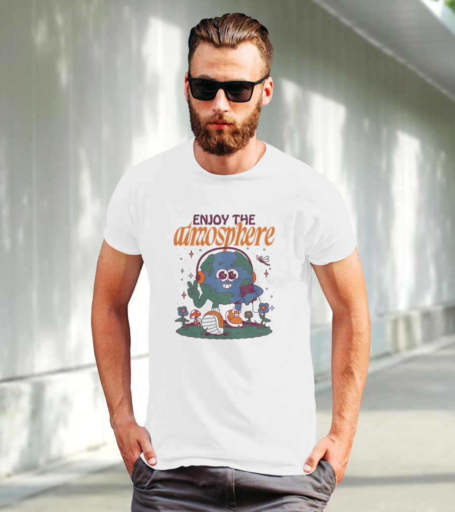 Enjoy The Atmosphere Planet Earth Headphones Peace Flowers T-Shirt