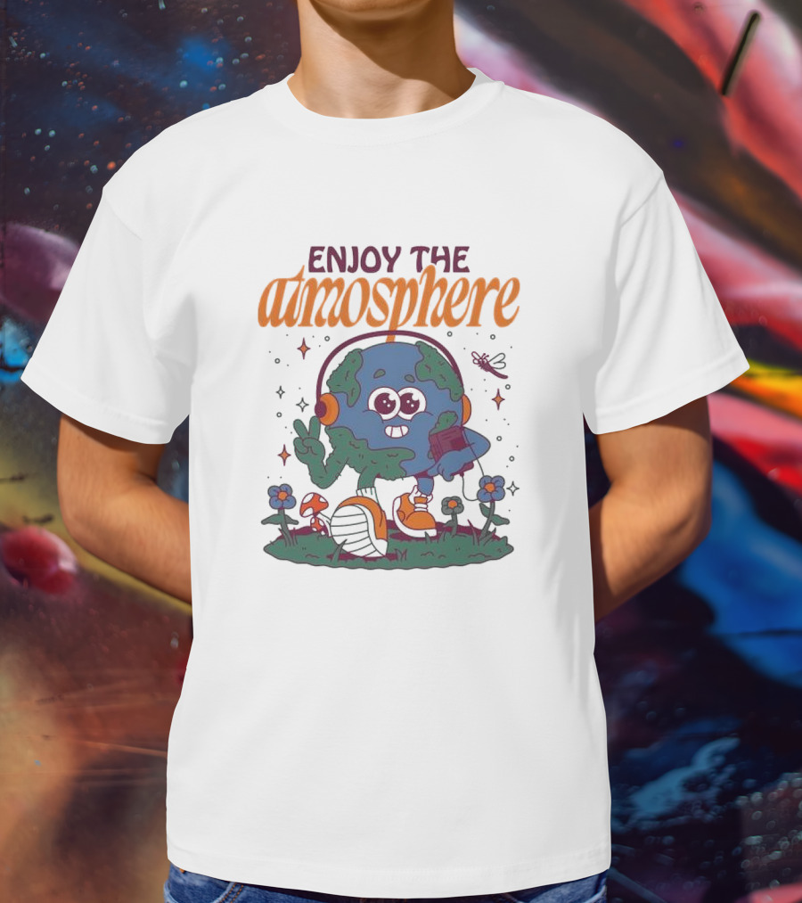 Enjoy The Atmosphere Planet Earth Headphones Peace Flowers T-Shirt