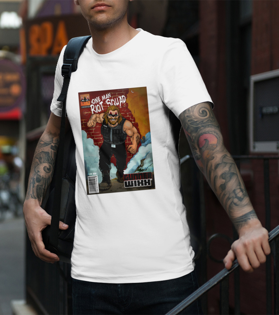One Man Riot Squad Comic Cover Gunner Wixx Face Paint Featuring Champion Branding T-Shirt