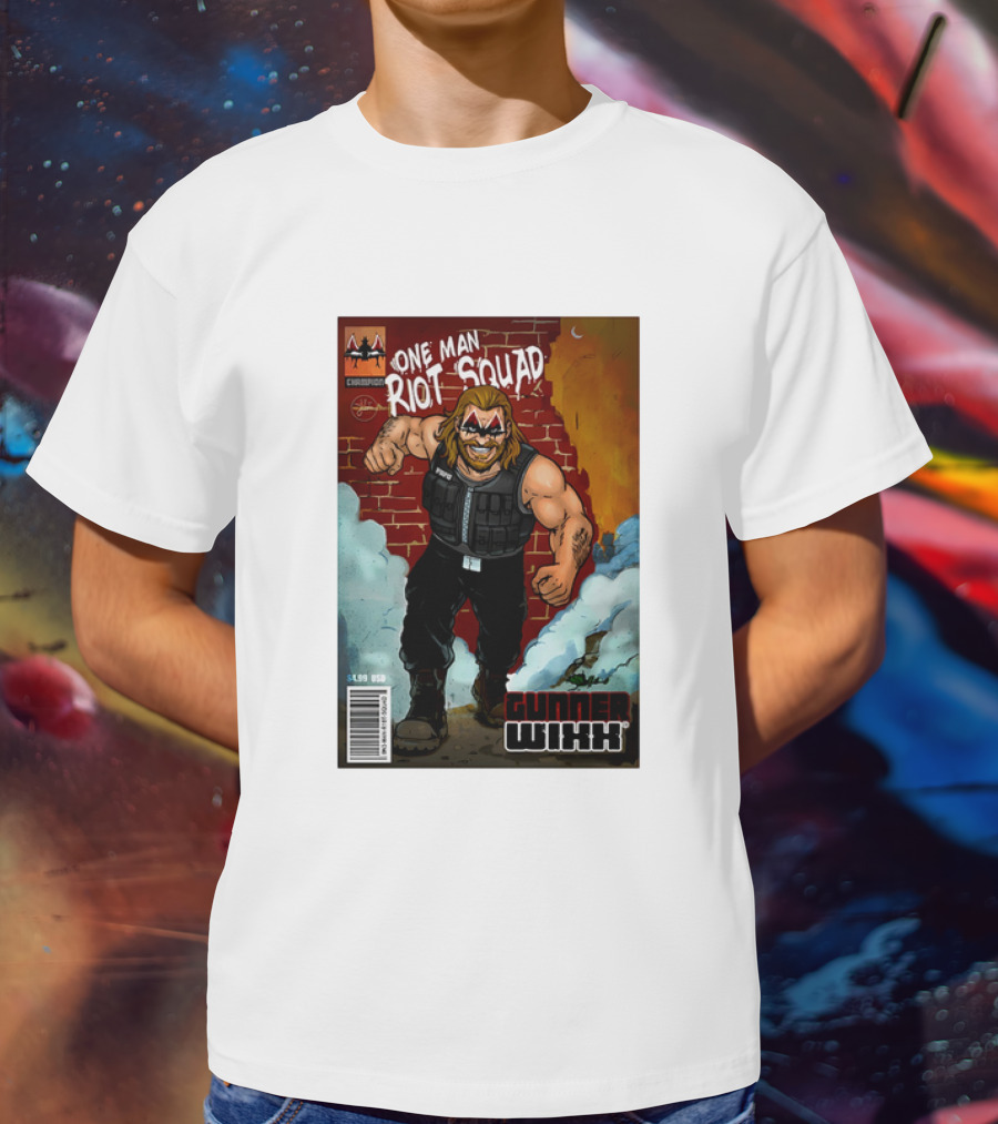 One Man Riot Squad Comic Cover Gunner Wixx Face Paint Featuring Champion Branding T-Shirt