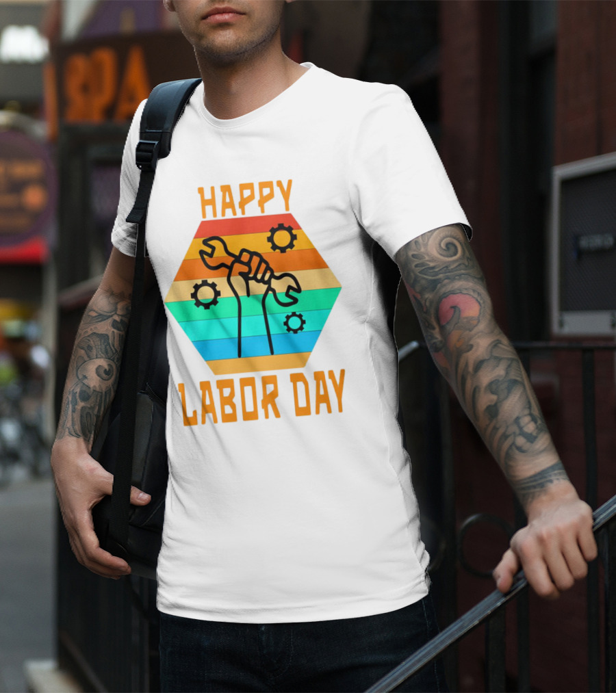 Colorful Wrench Fist Gear Happy Labor Day T-Shirt