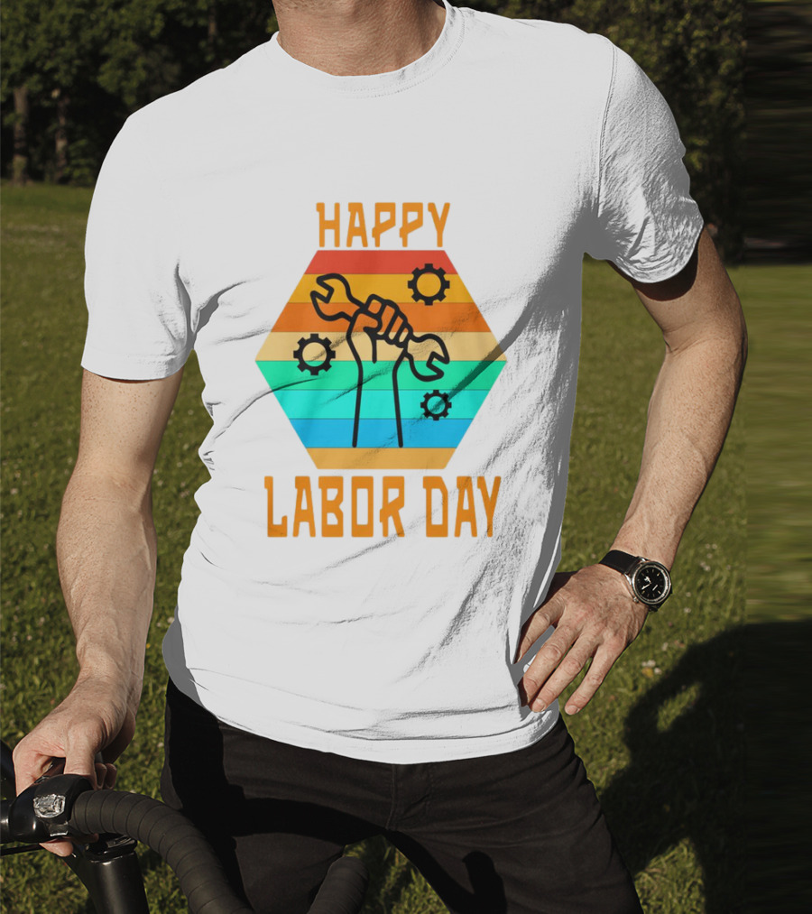 Colorful Wrench Fist Gear Happy Labor Day T-Shirt