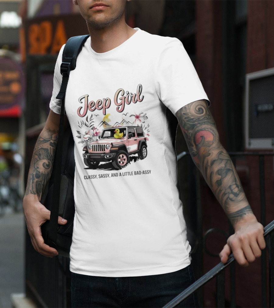 Jeep Girl Classy Sassy And Little Bad-Assy Pink Jeep Rubber Duck Floral Bunnies T-Shirt