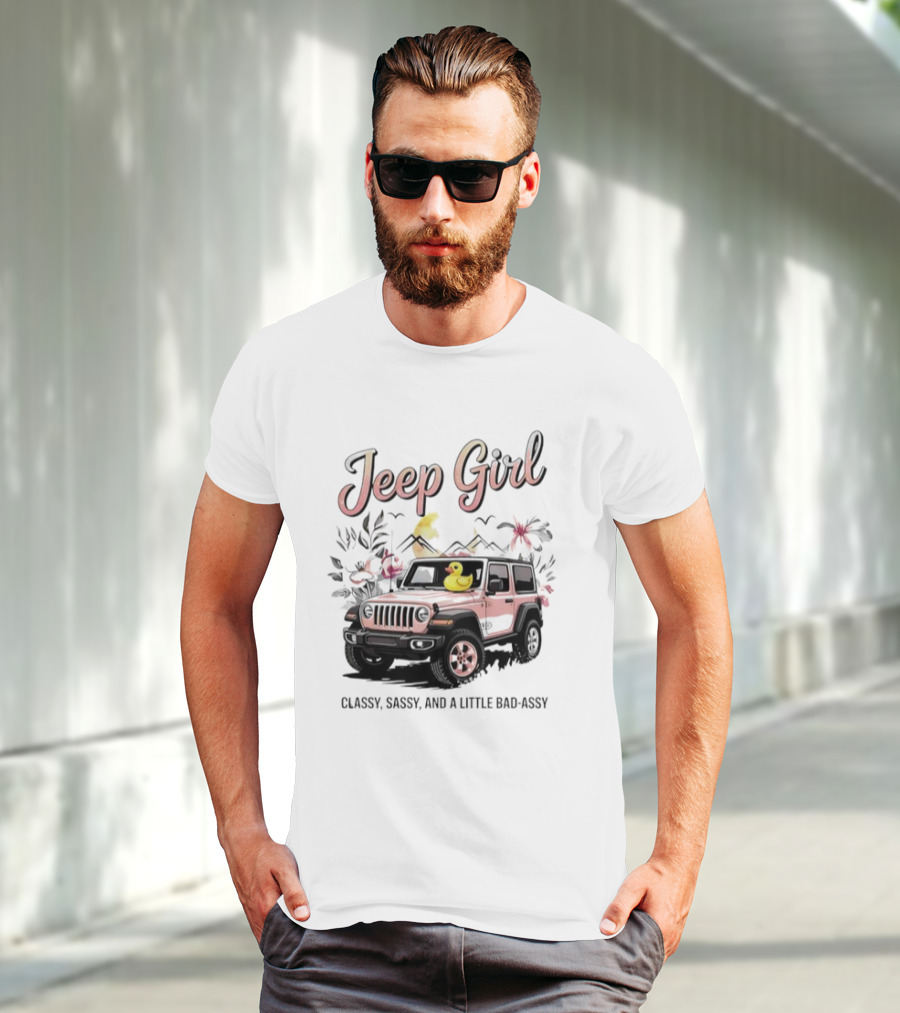 Jeep Girl Classy Sassy And Little Bad-Assy Pink Jeep Rubber Duck Floral Bunnies T-Shirt