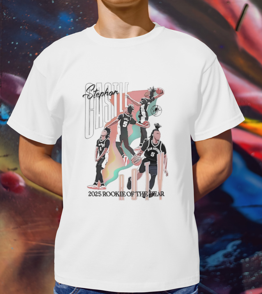 Stephon Castle San Antonio Spurs ROTY 2025 Rookie Of The Year Basketball Motion Stripes T-Shirt