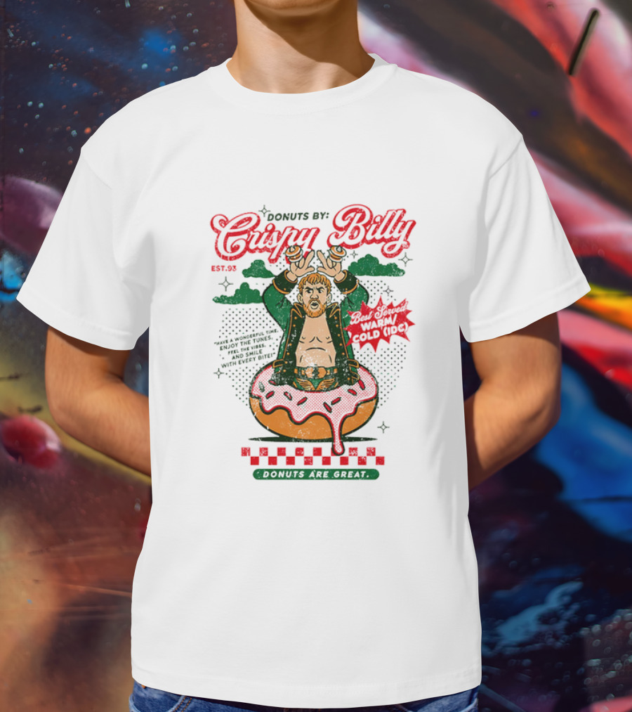 Donuts By Crispy Billy Est. 93 Warm And Delicious Retro Cartoon Wrestler T-Shirt