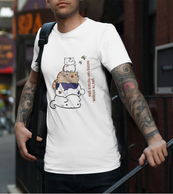 You’re Unique Nothing Can Replace You Kawaii Cat Stack Illustration T-Shirt