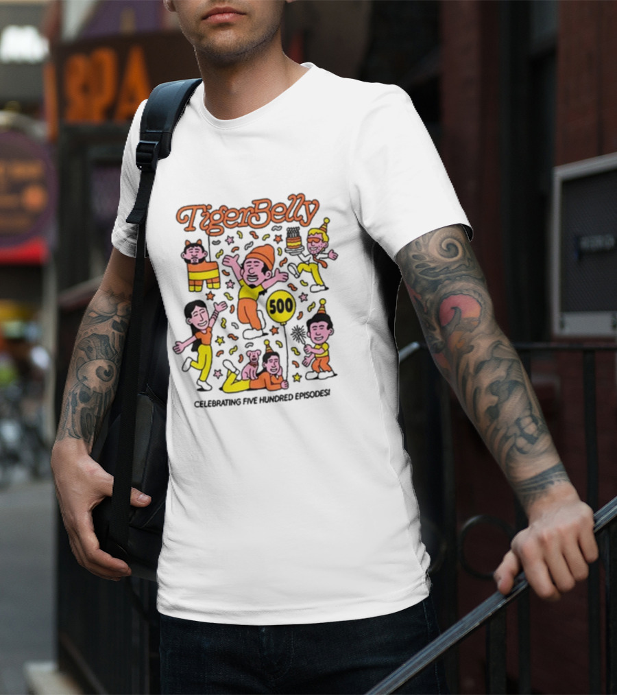 Tigerbelly 500 Episode Celebration Festive Characters And Balloon T-Shirt