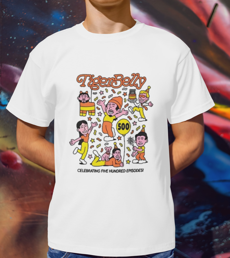 Tigerbelly 500 Episode Celebration Festive Characters And Balloon T-Shirt
