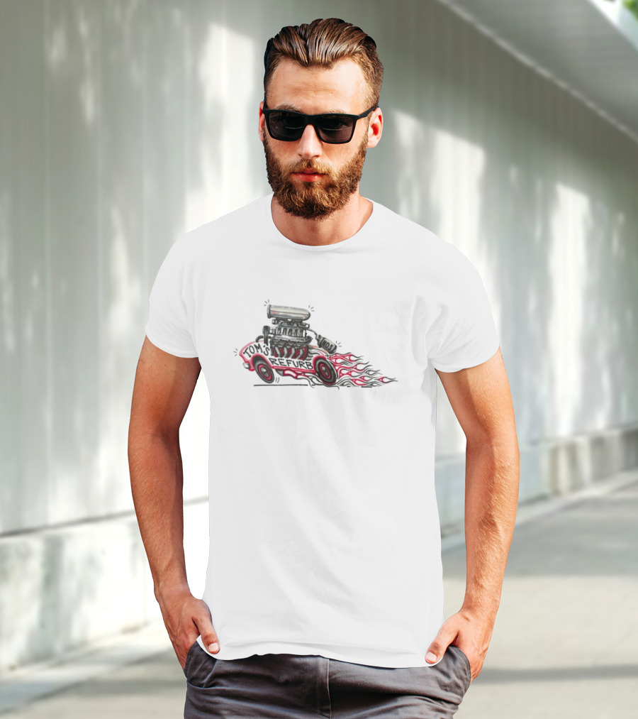 Tom’s Refurb Hot Rod Car Illustration Flames And Engine Art T-Shirt