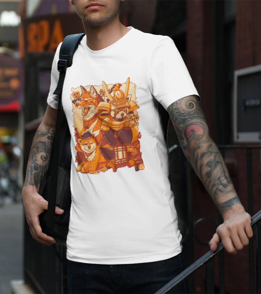 Tenhun Orange Fuzz Fox And Samurai Red Panda With Lantern T-Shirt