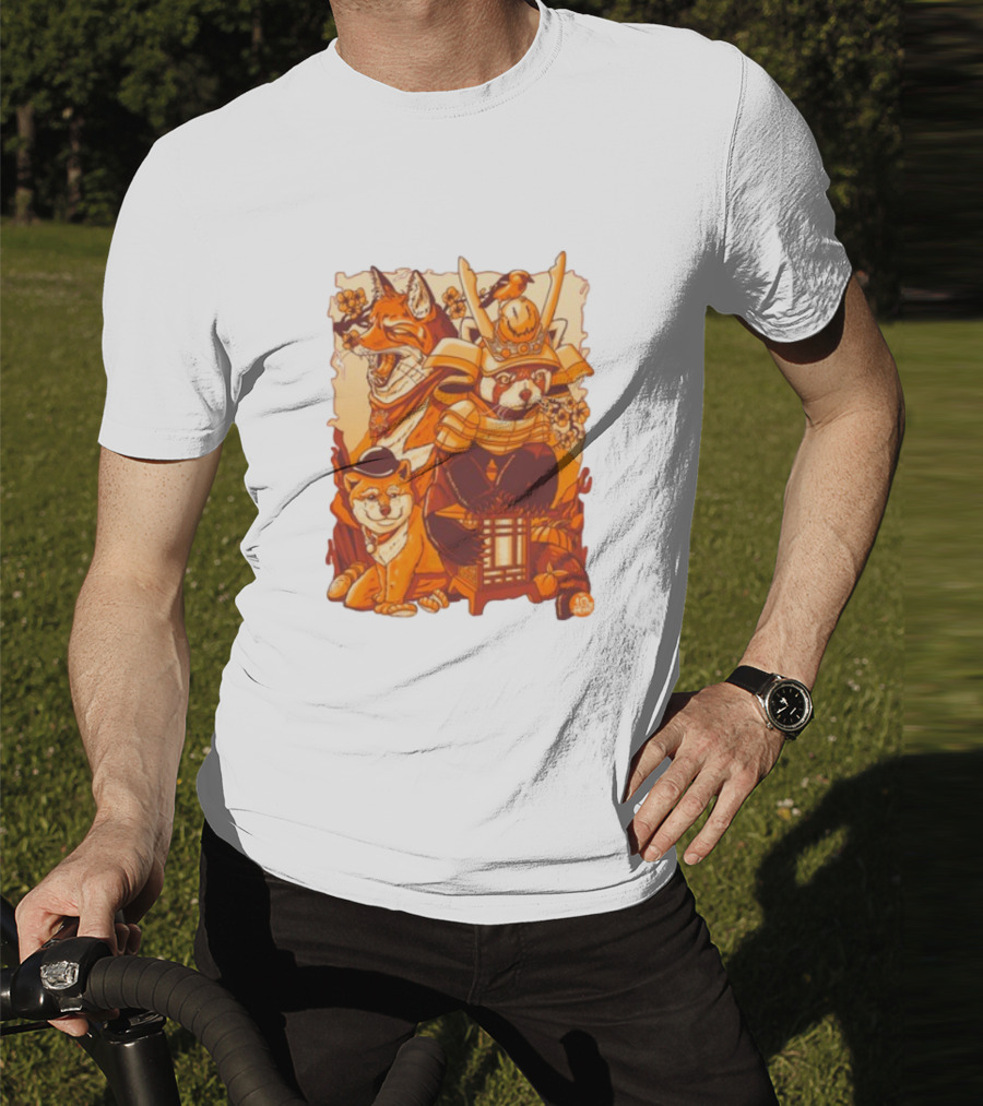 Tenhun Orange Fuzz Fox And Samurai Red Panda With Lantern T-Shirt