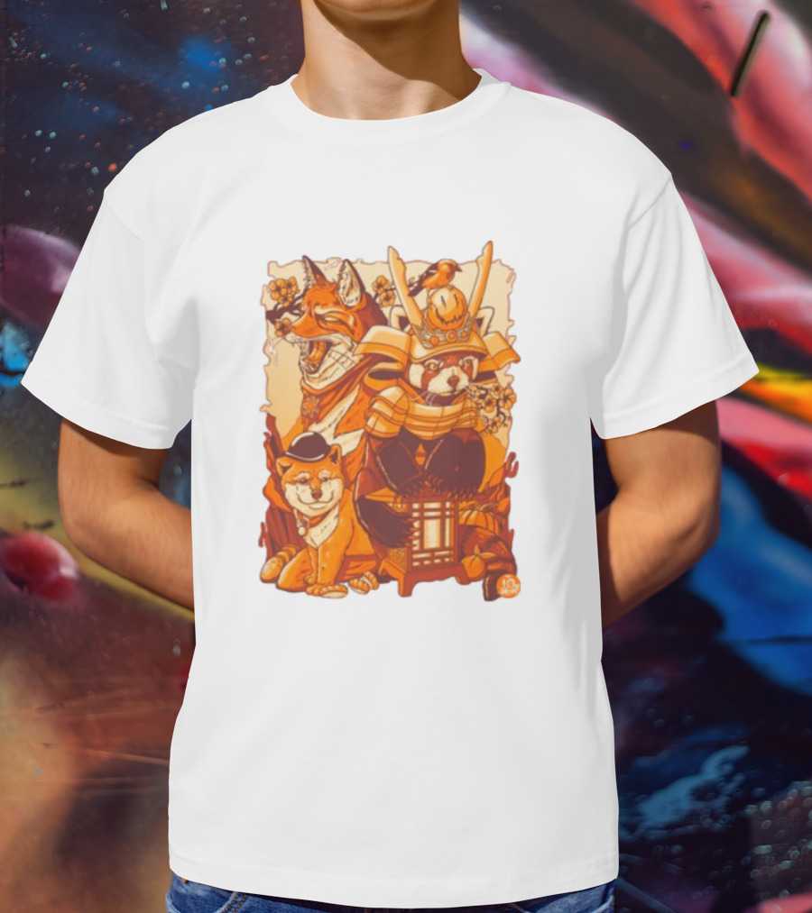 Tenhun Orange Fuzz Fox And Samurai Red Panda With Lantern T-Shirt