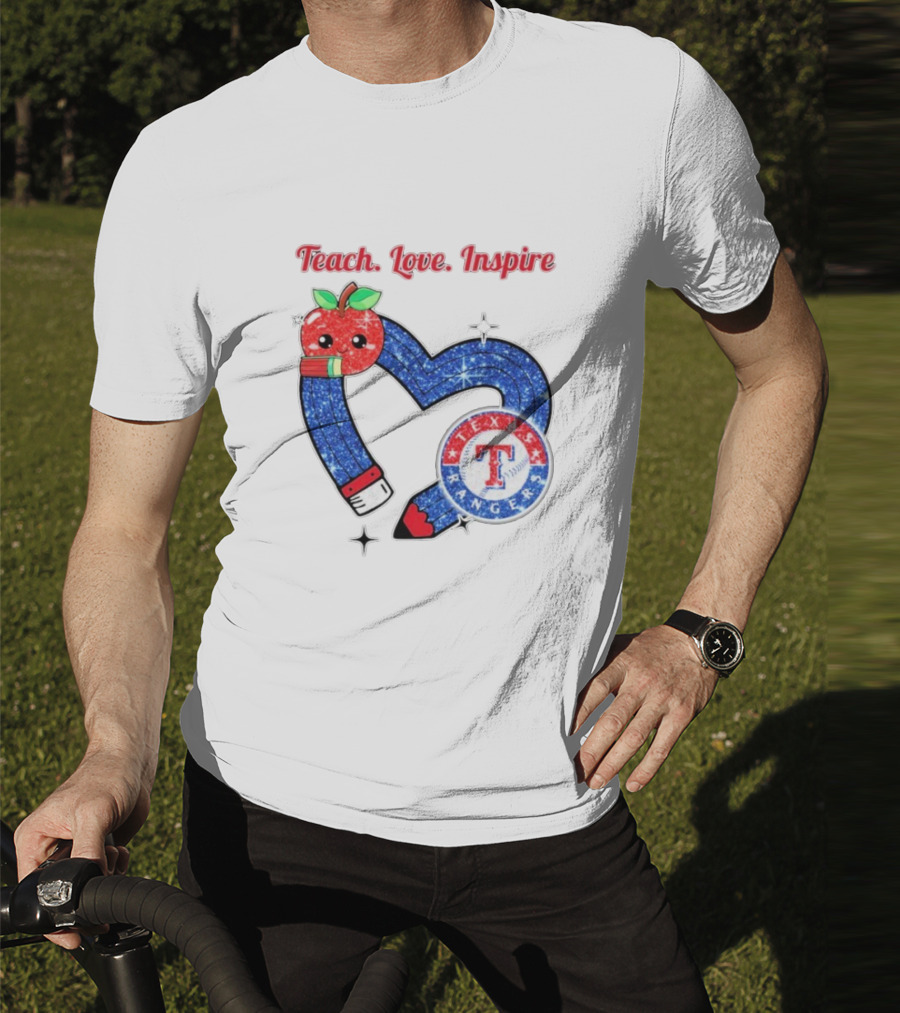Texas Rangers Sparkling Heart Apple Pencil Teach Love Inspire T-Shirt
