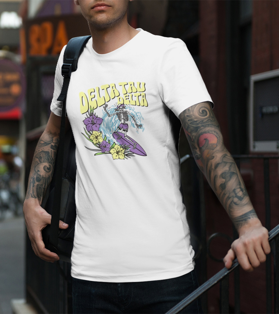 Delta Tau Delta Ride The Wave Skeleton Surfing With Floral Accents T-Shirt