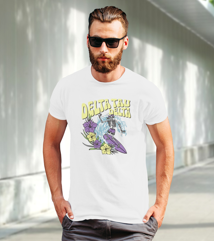 Delta Tau Delta Ride The Wave Skeleton Surfing With Floral Accents T-Shirt