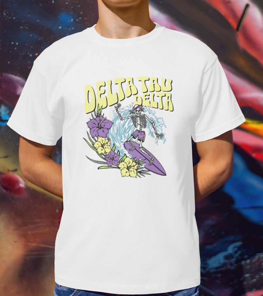Delta Tau Delta Ride The Wave Skeleton Surfing With Floral Accents T-Shirt