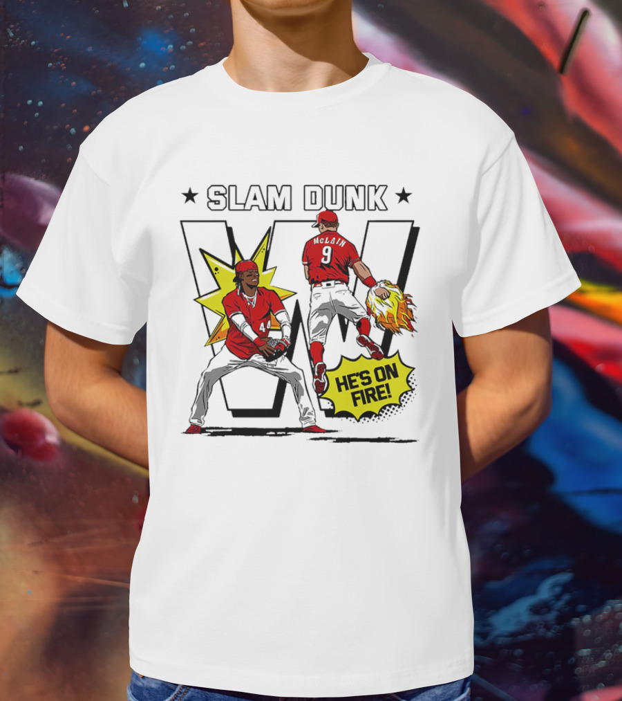 Slam Dunk Cincinnati Reds Elly De La Cruz And Matt McLain He’s On Fire T-Shirt