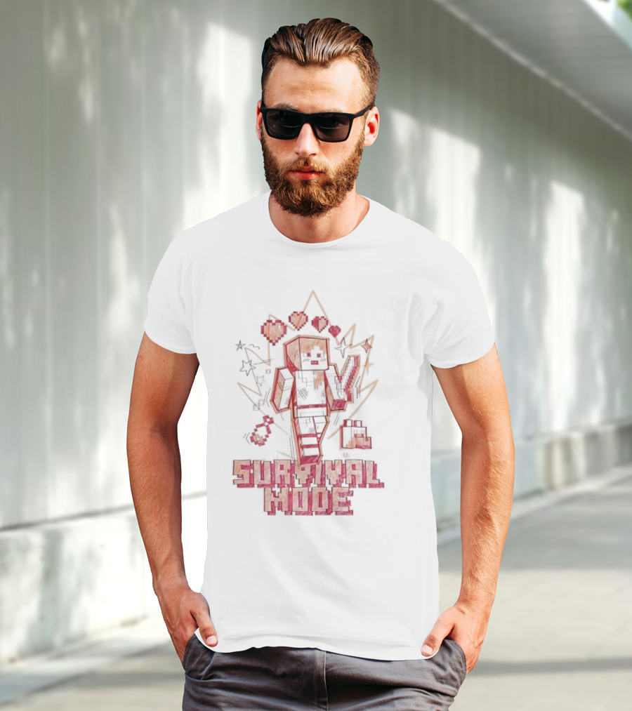 Survival Mode Game Pixel Art Character With Hearts And Tools T-Shirt
