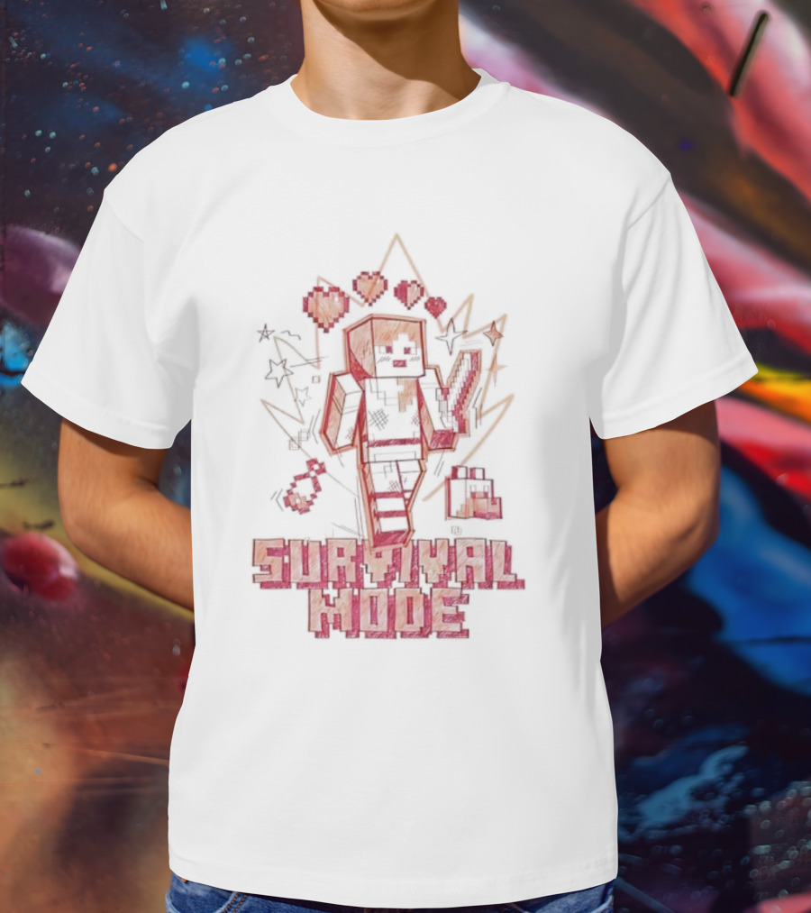 Survival Mode Game Pixel Art Character With Hearts And Tools T-Shirt