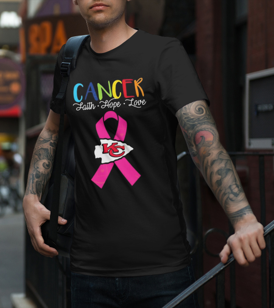 Kansas City Chiefs Pink Ribbon Cancer Faith Hope Love 2025 T-Shirt