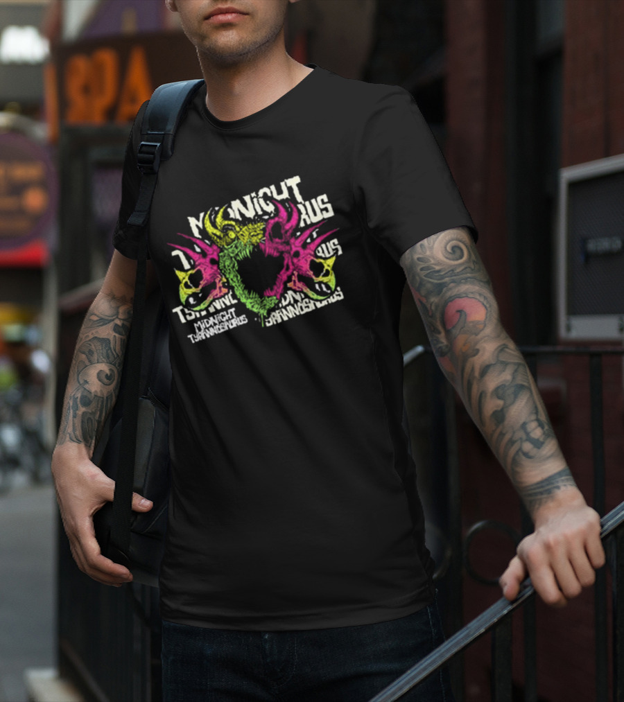 KT8 Midnight Tyrannosaurus Neon Pink Green Skull Illustration T-Shirt