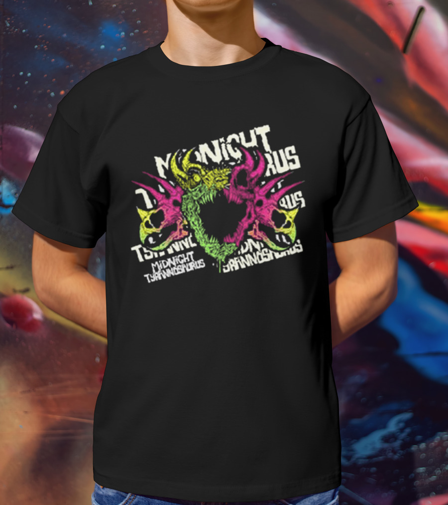KT8 Midnight Tyrannosaurus Neon Pink Green Skull Illustration T-Shirt
