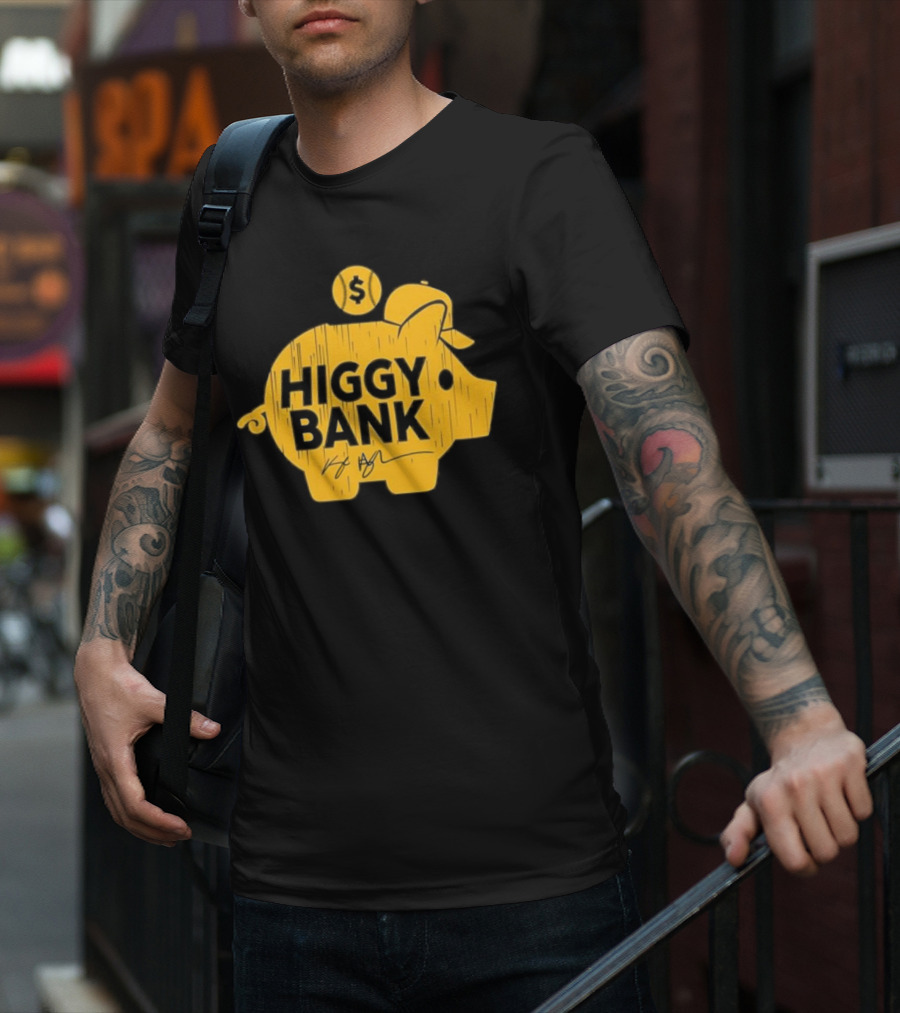 Higgy Bank Piggy Bank Graphic Baseball Theme With Signature And Dollar Sign T-Shirt