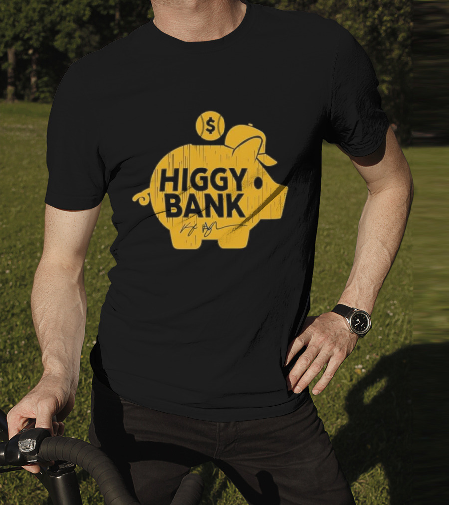 Higgy Bank Piggy Bank Graphic Baseball Theme With Signature And Dollar Sign T-Shirt