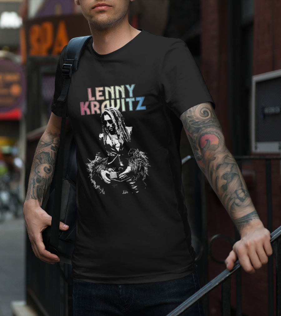 Lenny Kravitz Monochrome Portrait With Rainbow Letters T-Shirt