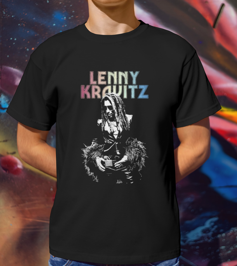 Lenny Kravitz Monochrome Portrait With Rainbow Letters T-Shirt