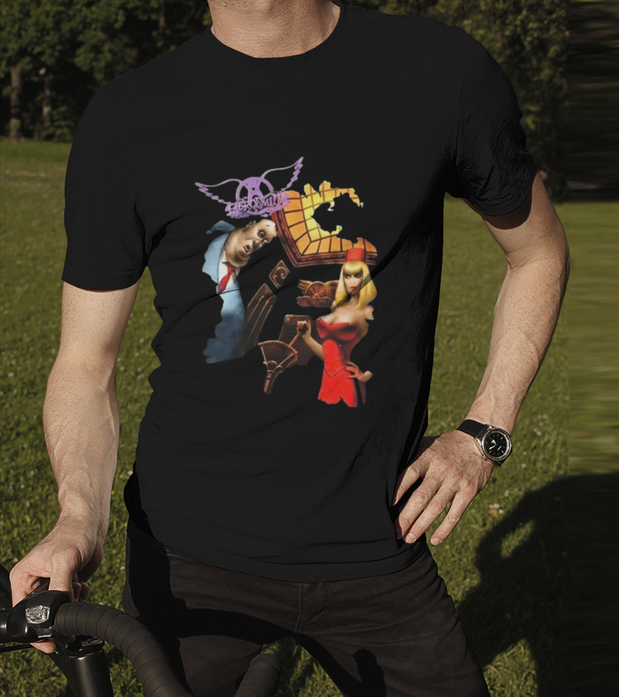 Aerosmith Love In An Elevator Cartoon Artwork With Woman In Red Dress And Man In Suit T-Shirt
