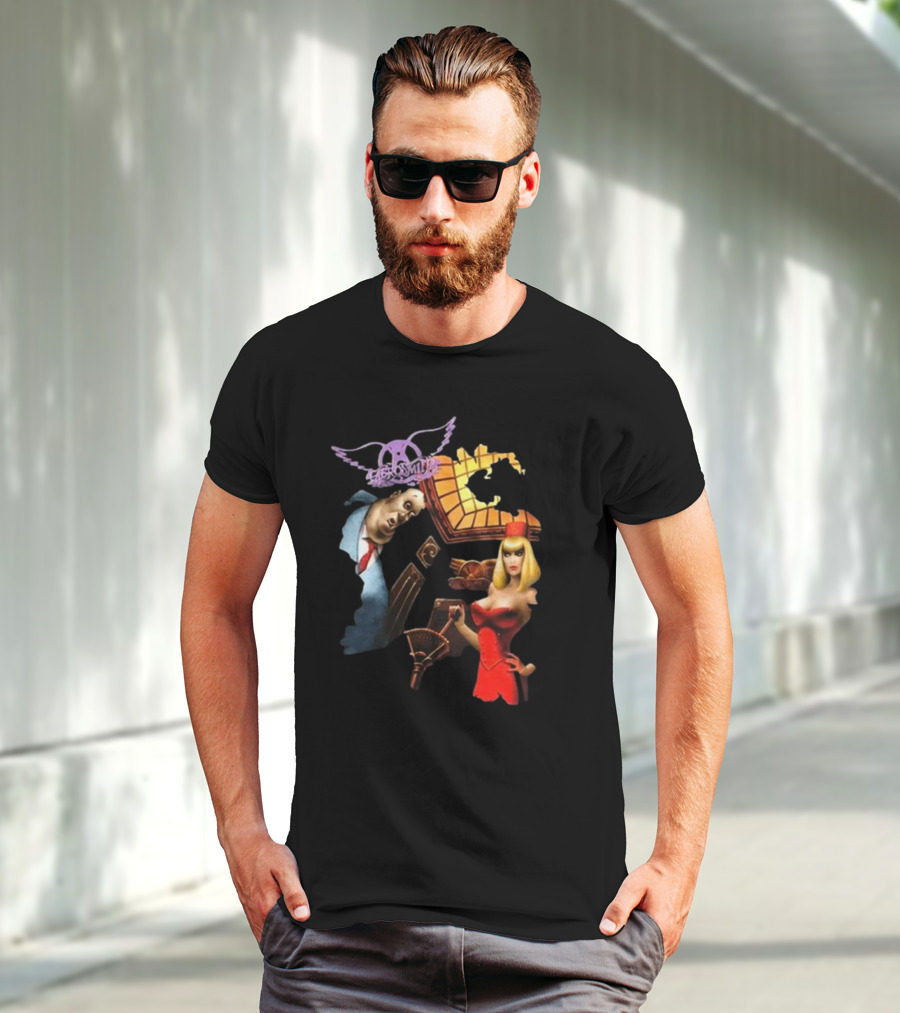 Aerosmith Love In An Elevator Cartoon Artwork With Woman In Red Dress And Man In Suit T-Shirt
