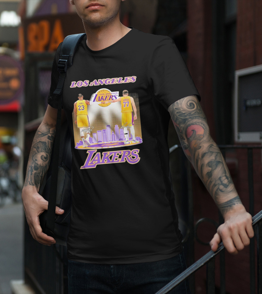 Los Angeles Lakers Luka Doncic Lebron James 23 77 City Skyline T-Shirt