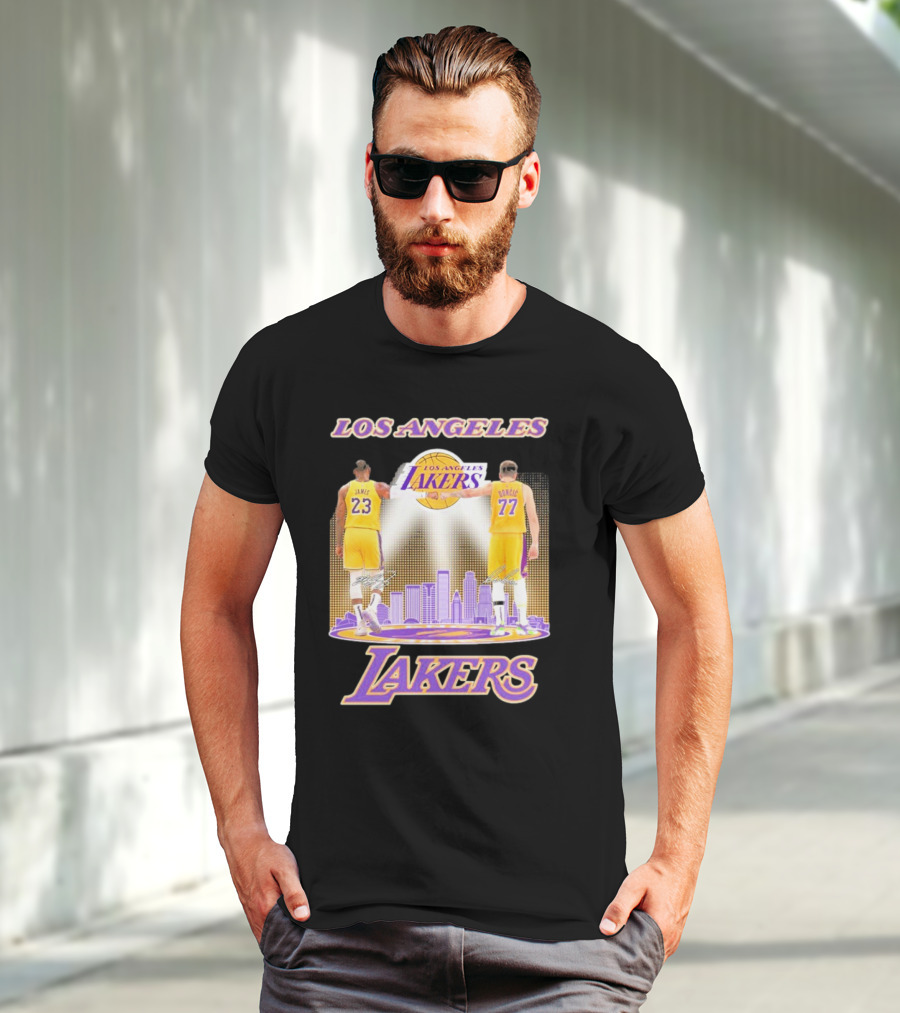 Los Angeles Lakers Luka Doncic Lebron James 23 77 City Skyline T-Shirt