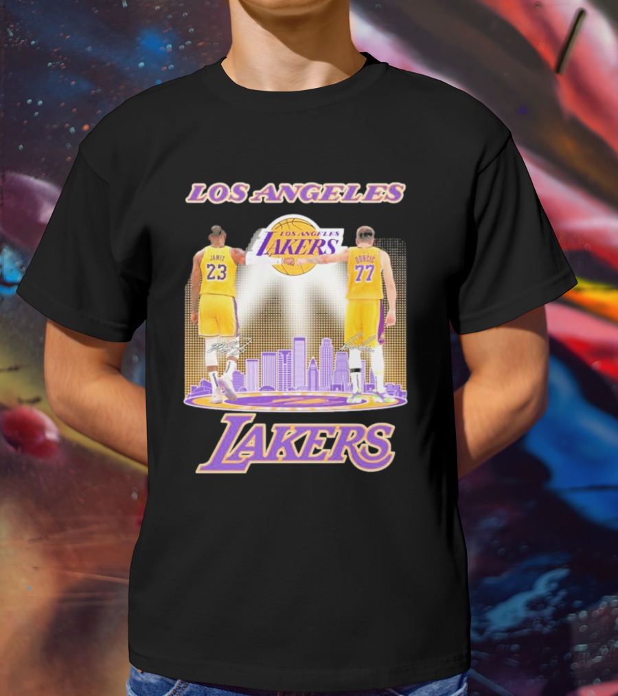 Los Angeles Lakers Luka Doncic Lebron James 23 77 City Skyline T-Shirt