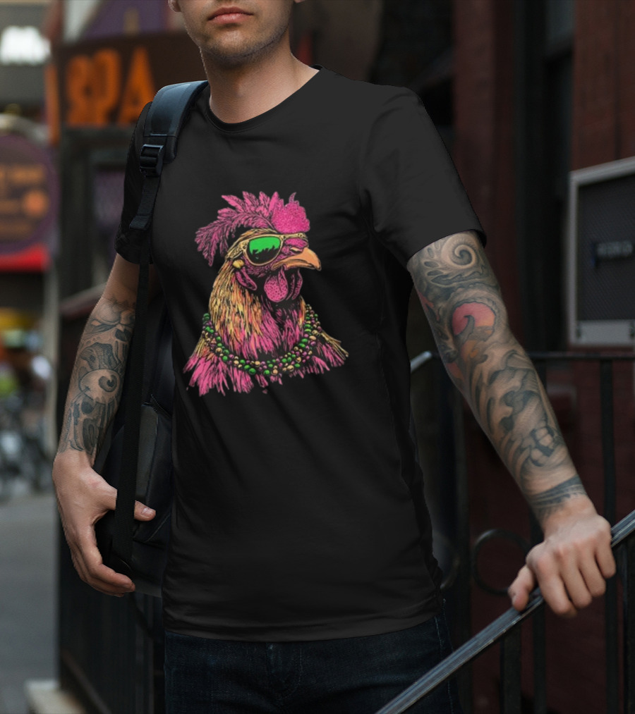 Mardi Gras Chicken Beads And Sunglasses Vibrant Rooster T-Shirt