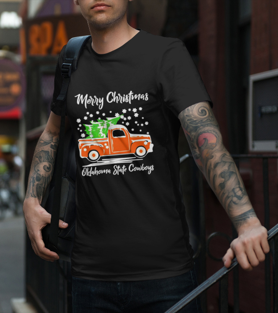 Merry Christmas Oklahoma State Cowboys Orange Truck Snowflakes Green Trees T-Shirt