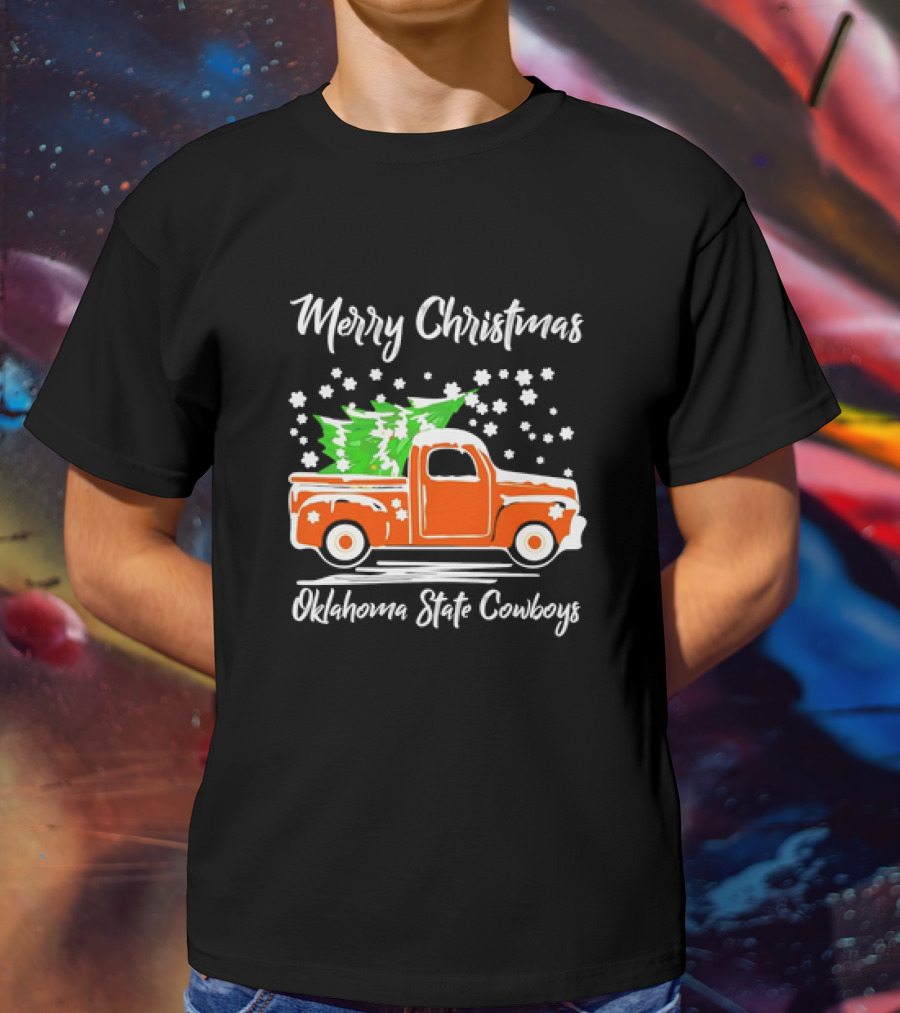 Merry Christmas Oklahoma State Cowboys Orange Truck Snowflakes Green Trees T-Shirt