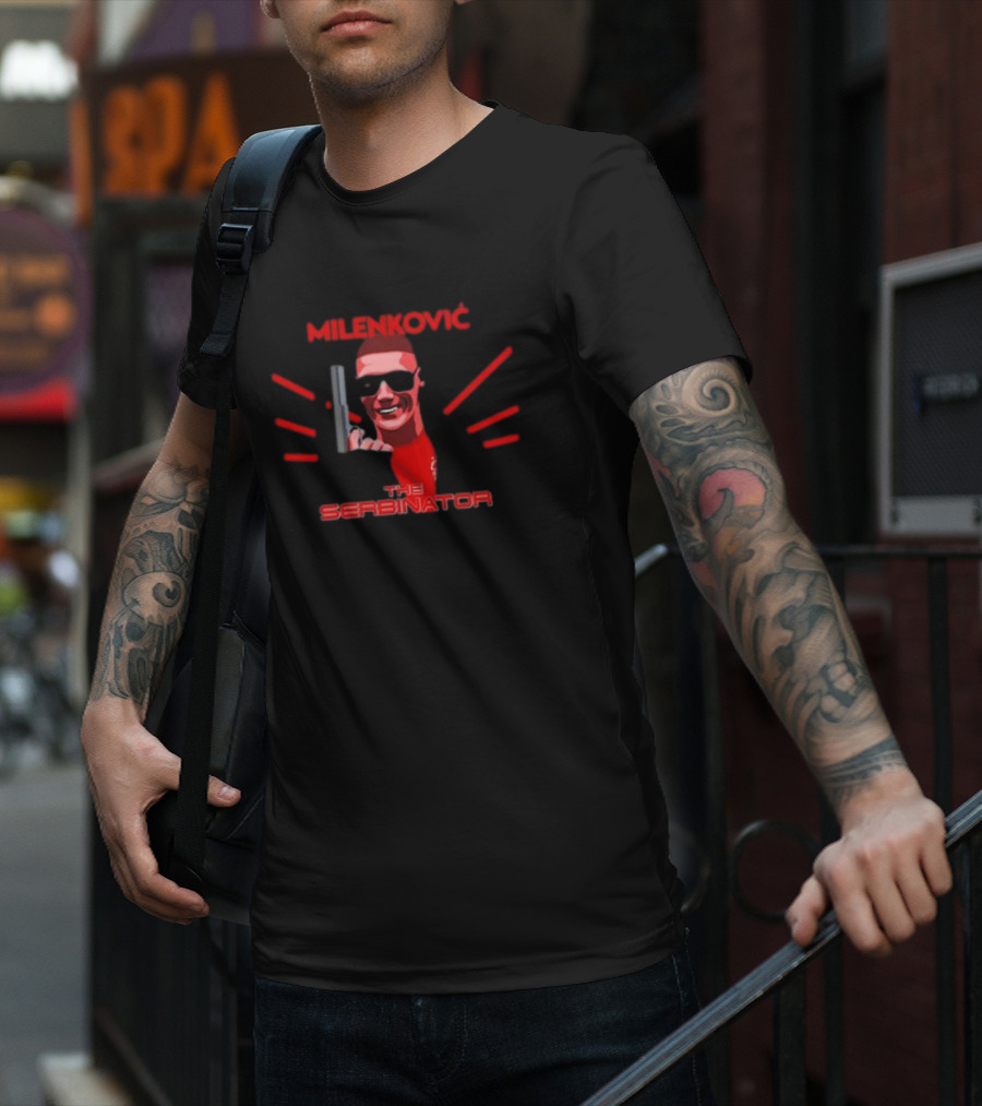 Milenkovic The Serbinator Sunglasses Gun Pose T-Shirt