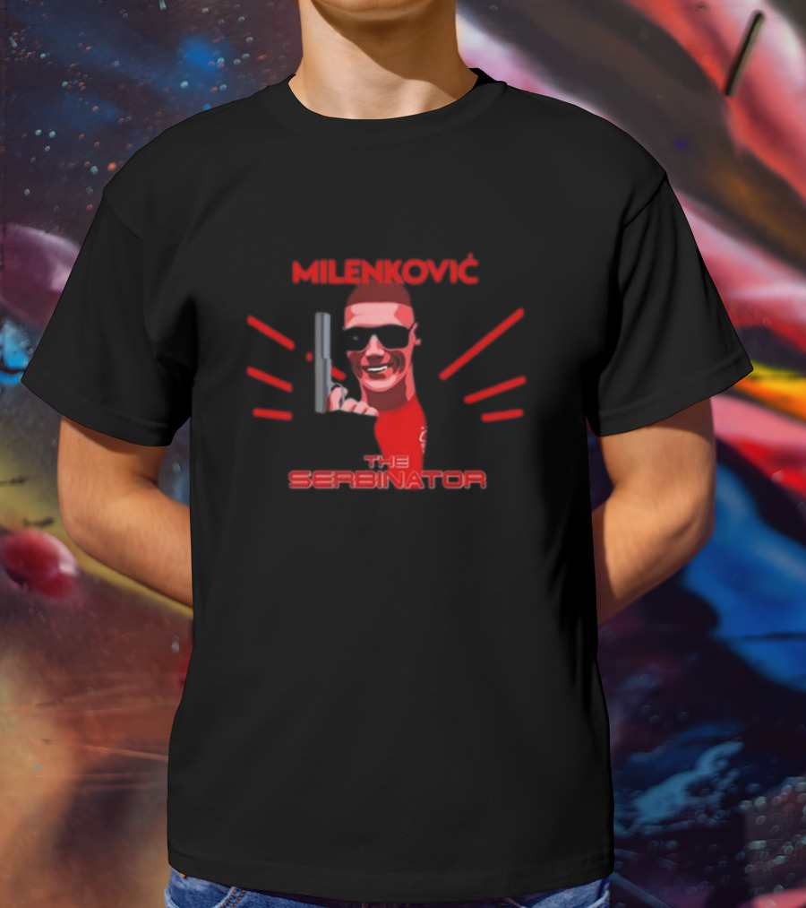Milenkovic The Serbinator Sunglasses Gun Pose T-Shirt