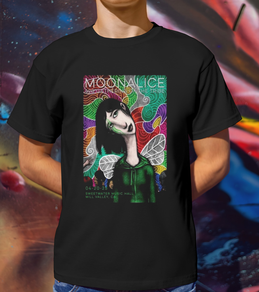 MOONALICE 420 Gathering Of The Tribe 04-20-2025 Sweetwater Music Hall Mill Valley CA Colorful Psychedelic Art With Winged Character T-Shirt