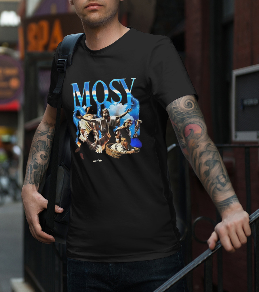 Mosy Moses Biblical Imagery With Lightning Clouds And Figures T-Shirt