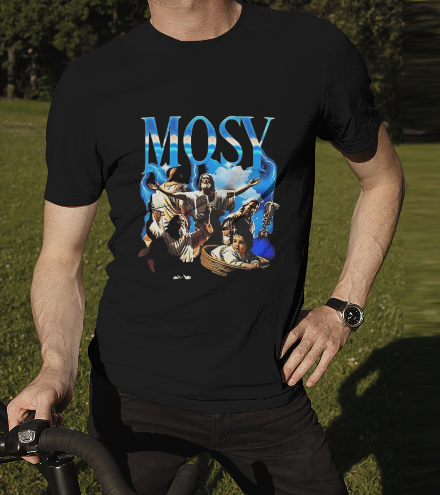 Mosy Moses Biblical Imagery With Lightning Clouds And Figures T-Shirt