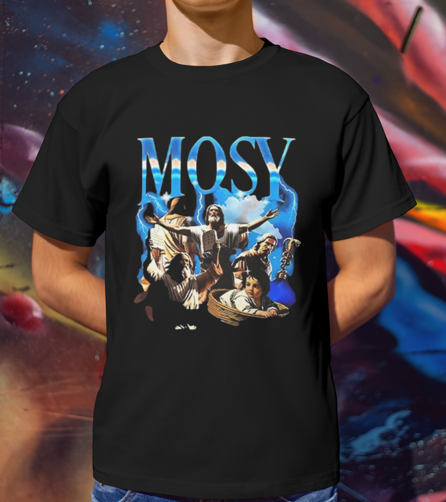 Mosy Moses Biblical Imagery With Lightning Clouds And Figures T-Shirt
