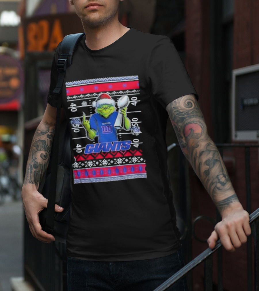 New York Giants Grinch Christmas With Lombardi Trophy Ugly Sweater T-Shirt