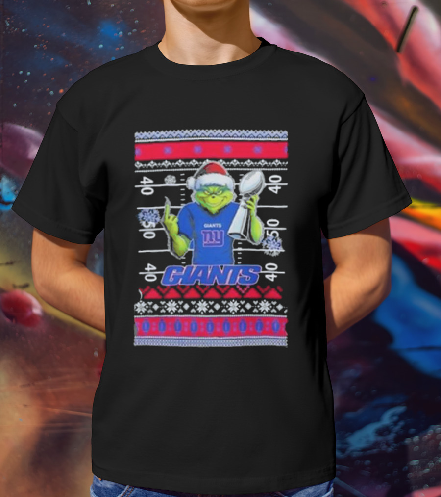 New York Giants Grinch Christmas With Lombardi Trophy Ugly Sweater T-Shirt